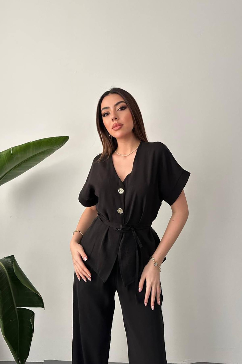 Wholesale Black Modal Two-Piece Set with Gold Buttons and Matching Belt