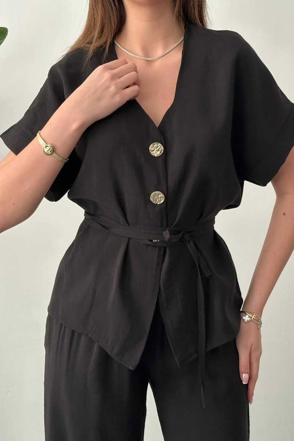 Wholesale Black Modal Two-Piece Set with Gold Buttons and Matching Belt