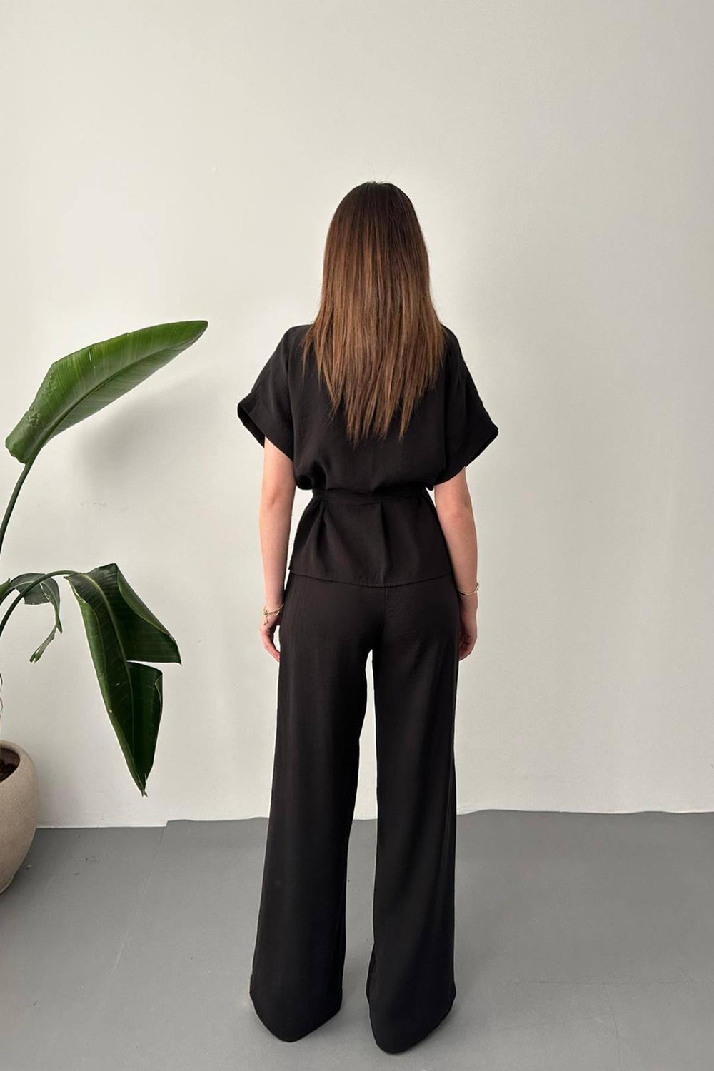 Wholesale Black Modal Two-Piece Set with Gold Buttons and Matching Belt
