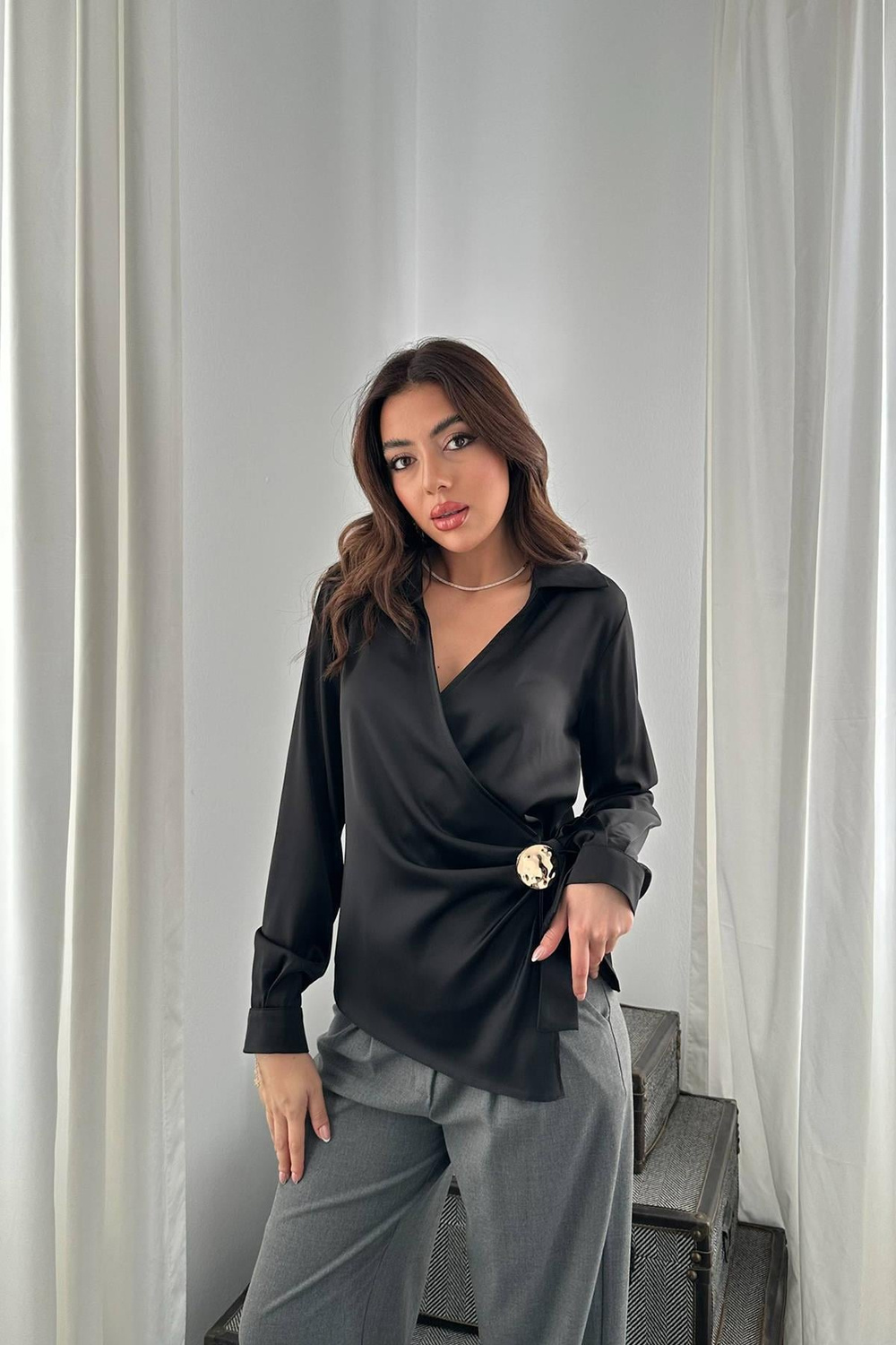 Wholesale Black Satin Blouse with Gold Accessory
