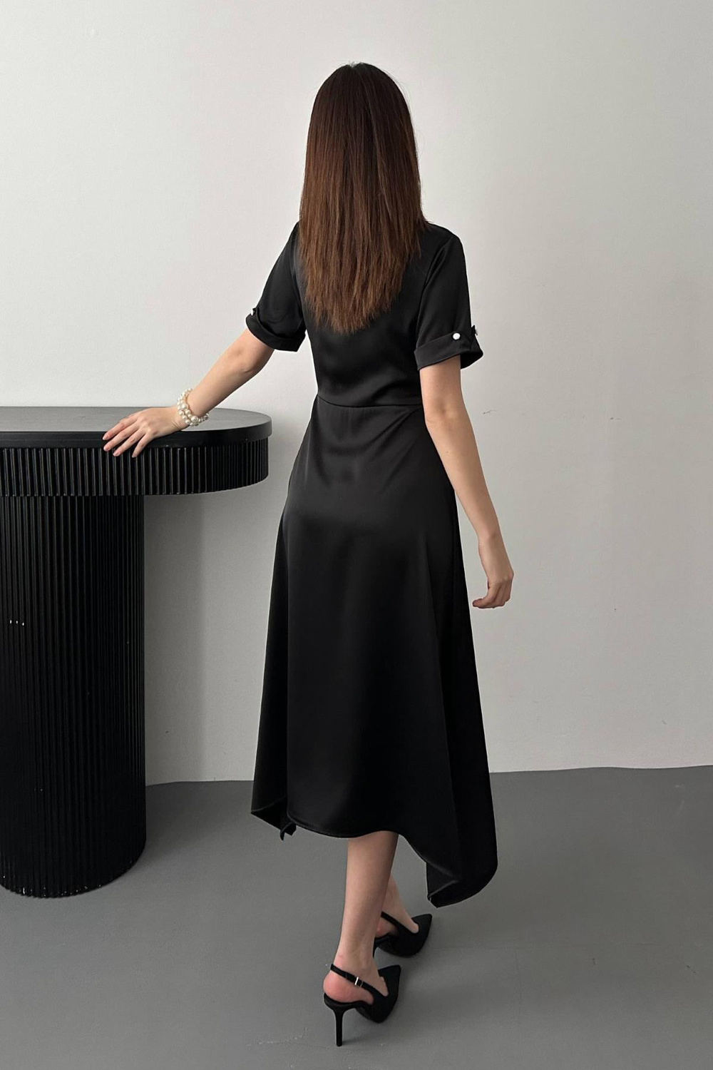 Wholesale Black Satin Dress with Scarf