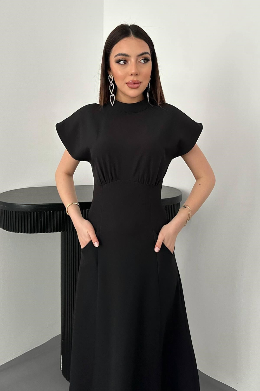 Wholesale Black Dress with Bust Gathering