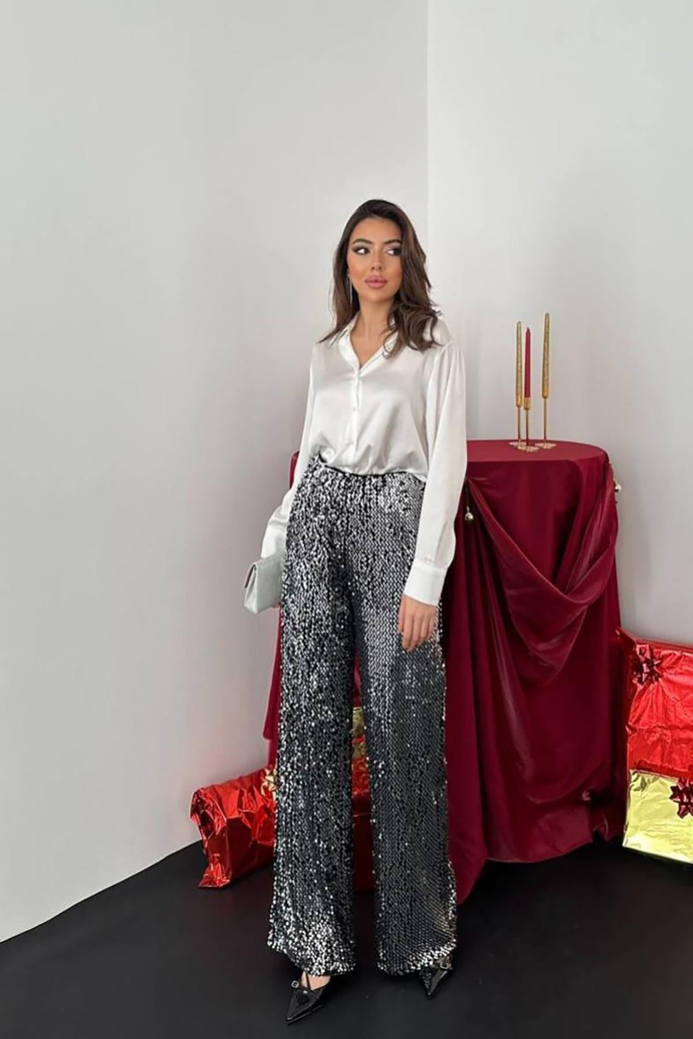 Toptan Siyah Gümüş Beli Lastikli Pullu Pantolon