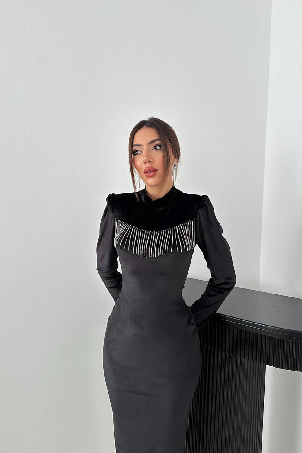 Wholesale Black Velvet Dress with Rhinestone Fringe