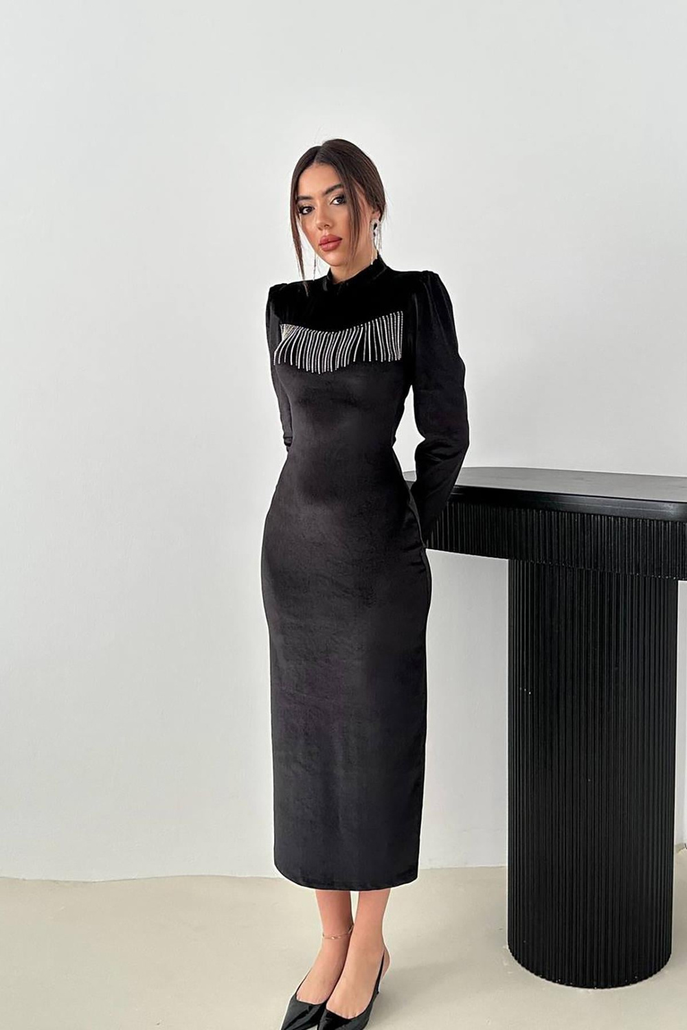 Wholesale Black Velvet Dress with Rhinestone Fringe