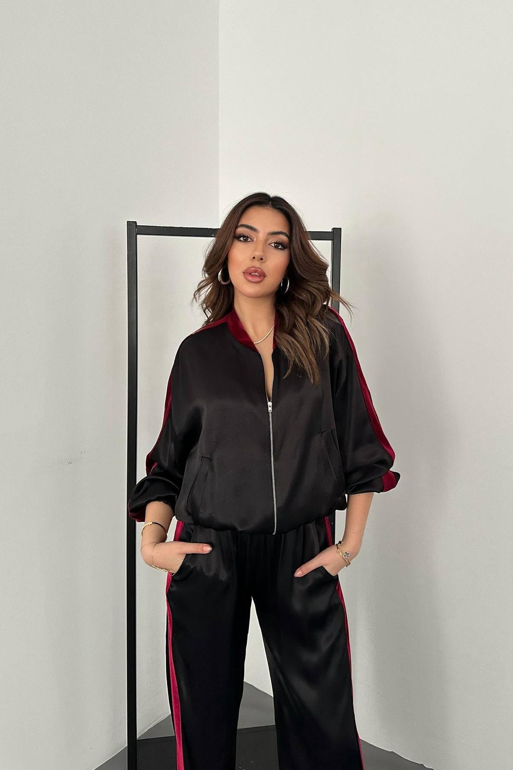 Wholesale Black Satin Tracksuit Set with Velvet Side Stripes