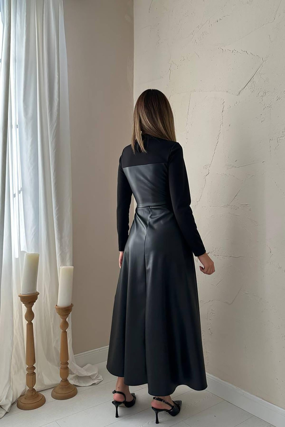 Wholesale Black Heart Neck Leather Dress