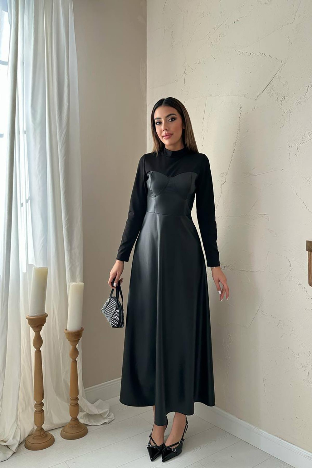 Wholesale Black Heart Neck Leather Dress