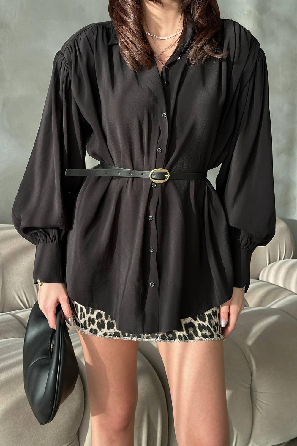 Wholesale Black Modal Shirt with Belt