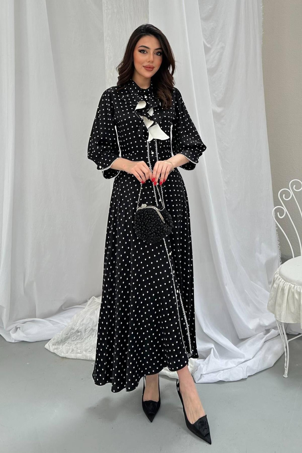 Wholesale Black Polka Dot Dress with Button Front
