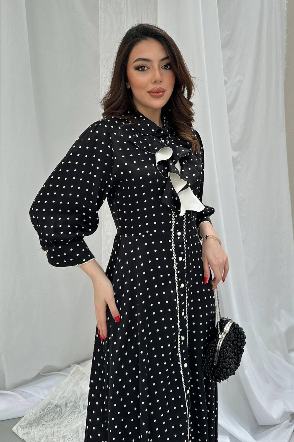 Wholesale Black Polka Dot Dress with Button Front