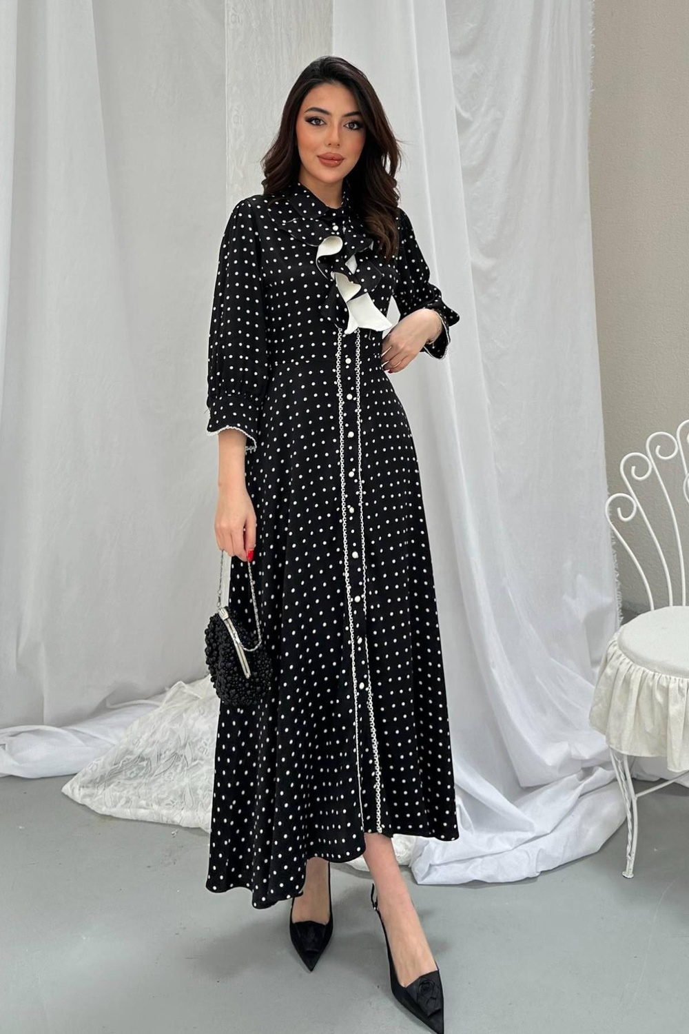 Wholesale Black Polka Dot Dress with Button Front