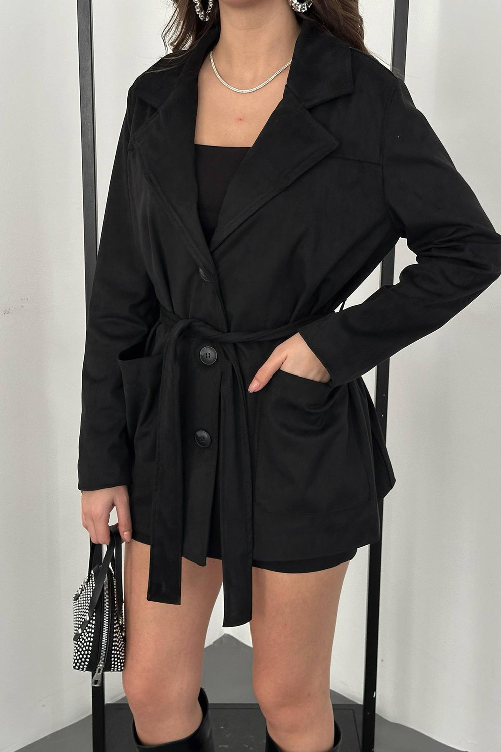 Wholesale Black Suede Jacket with Matching Belt