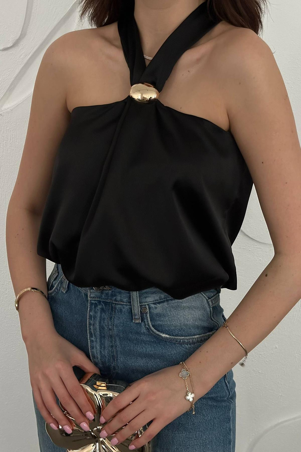 Wholesale Black Blouse with Buckle Detail