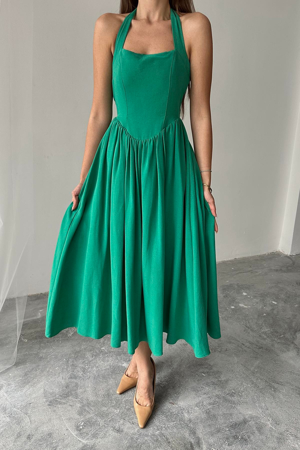 Wholesale Green Halter-Neck Linen Dress