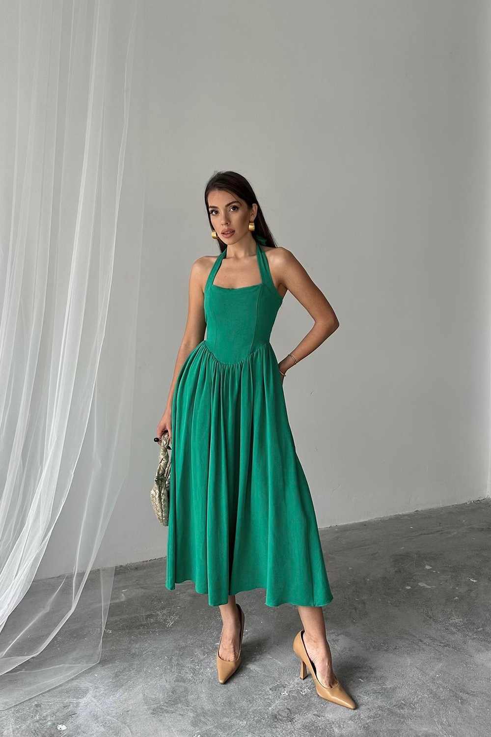 Wholesale Green Halter-Neck Linen Dress