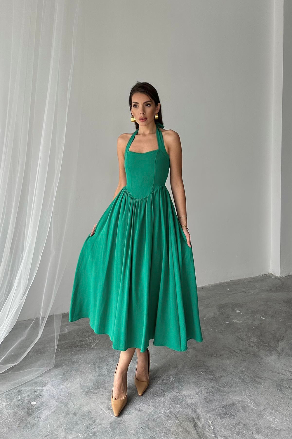 Wholesale Green Halter-Neck Linen Dress