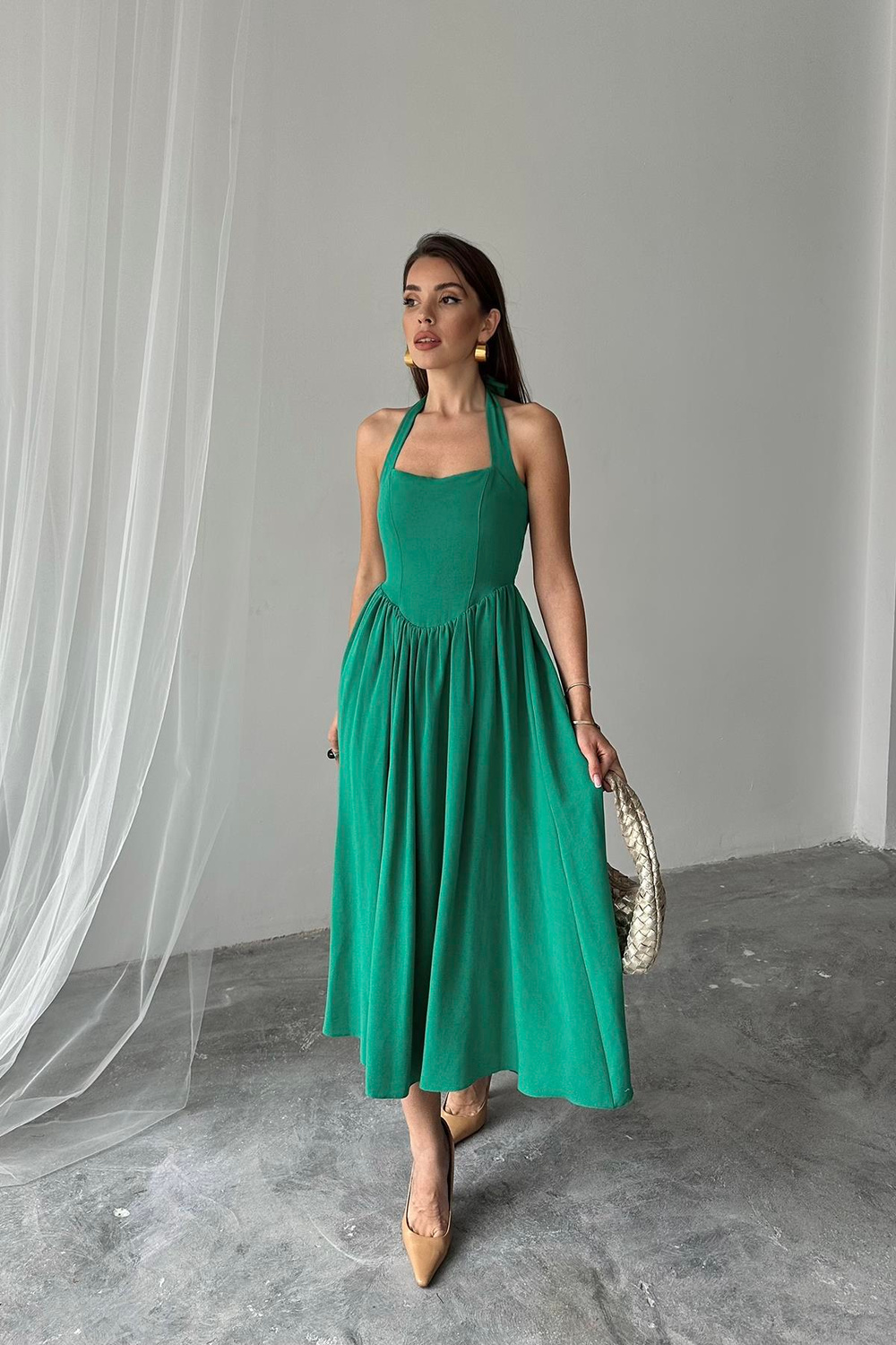 Wholesale Green Halter-Neck Linen Dress