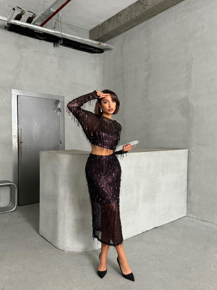 Feather Sequin Wholesale Skirt - Black Burgundy