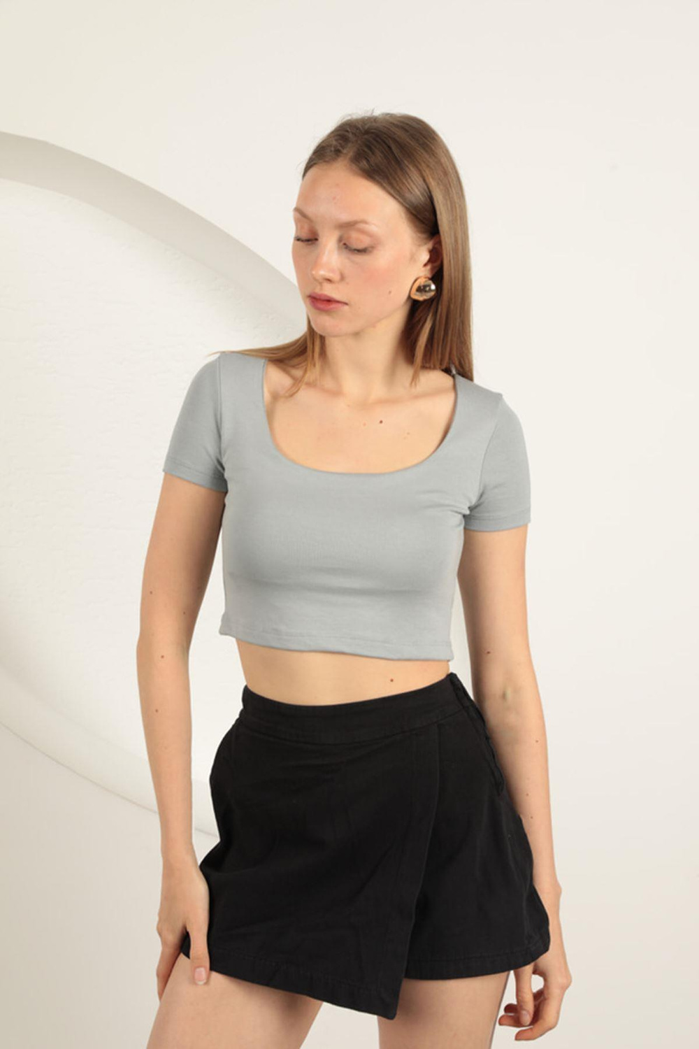 U Neck Blouse-Grey