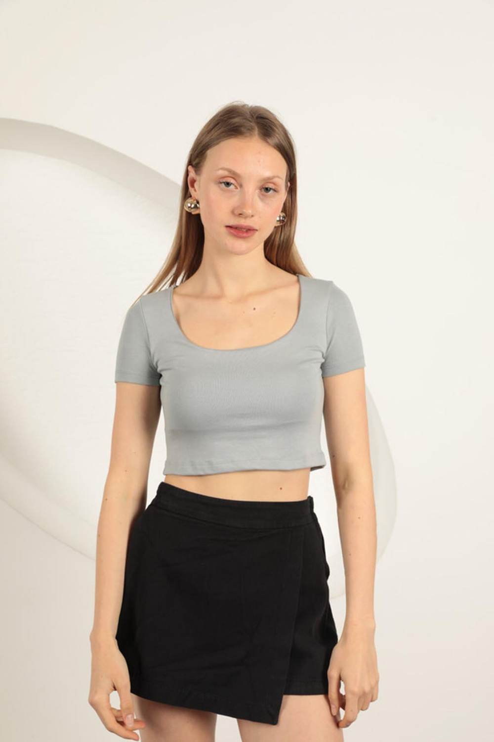 U Neck Blouse-Grey