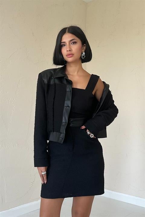 Wholesale Black Three-Piece Set with Leather Trim