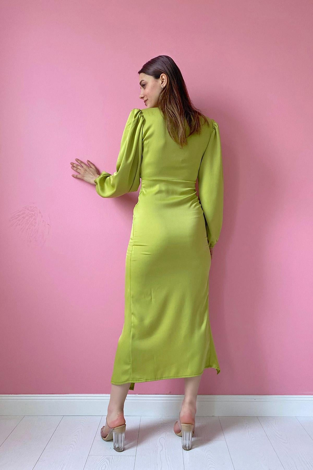 Wholesale Oil Green V-Neck Satin Dress