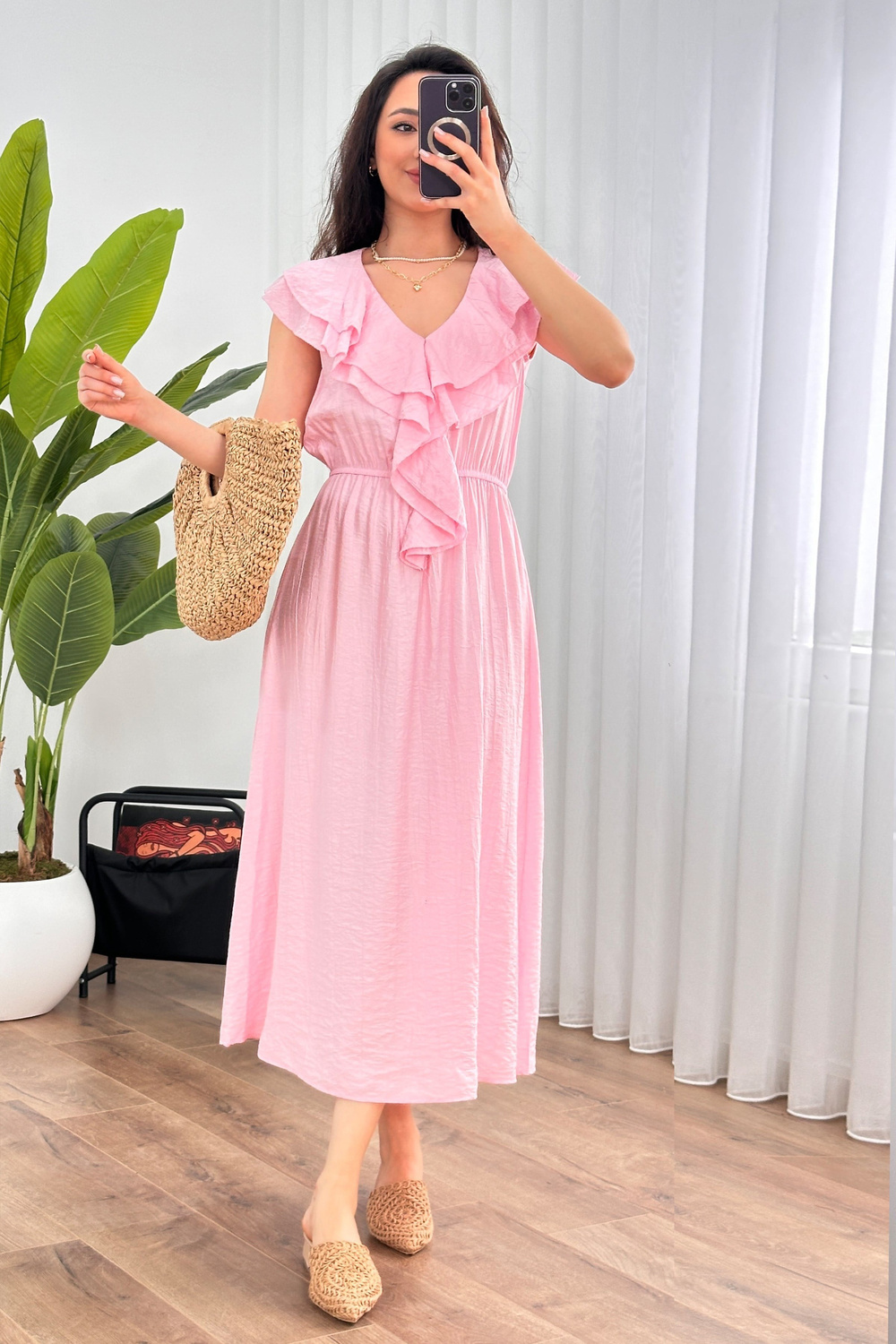 Yaka Fırfırlı Toptan Pembe Uzun Elbise