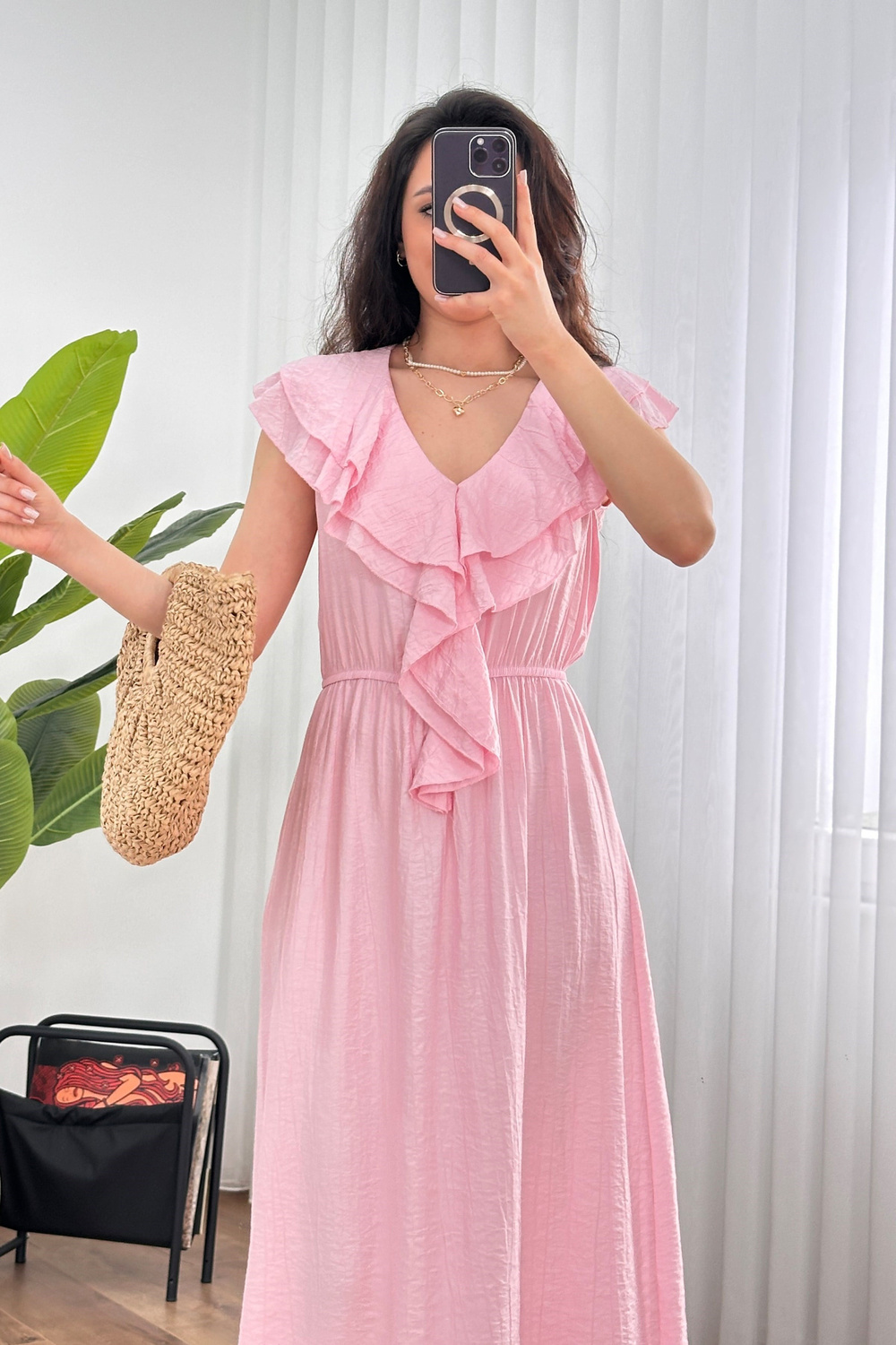 Yaka Fırfırlı Toptan Pembe Uzun Elbise