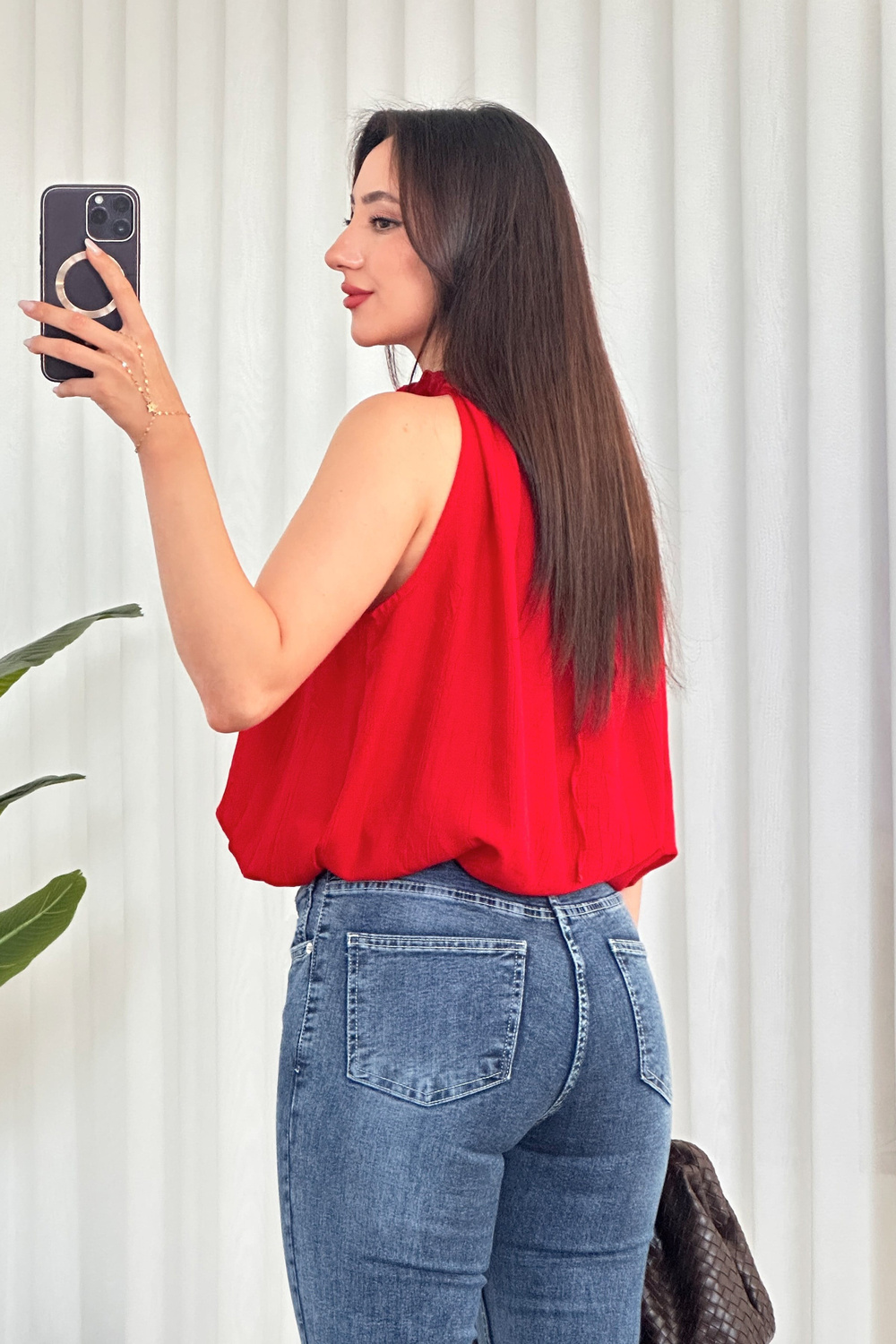 Yakası Boncuklu Balon Model Toptan Kırmızı Bluz