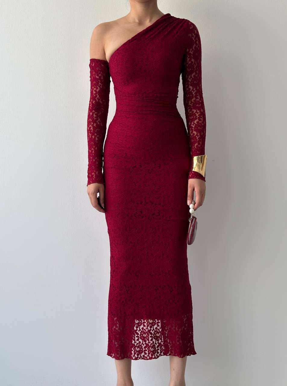Bees One Shoulder Detailed Dress - Burgundy
