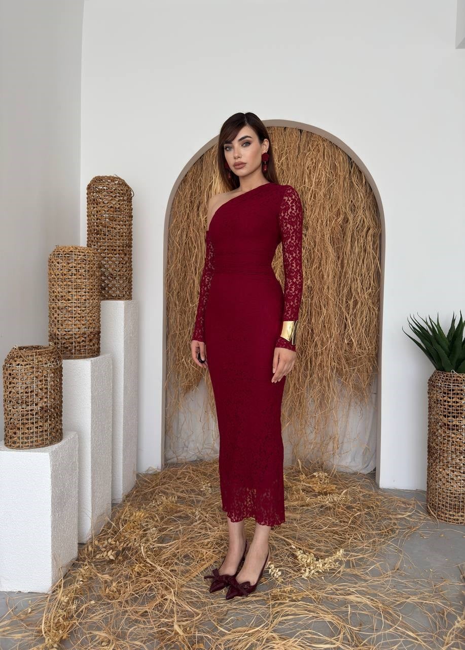 Bees One Shoulder Detailed Dress - Burgundy