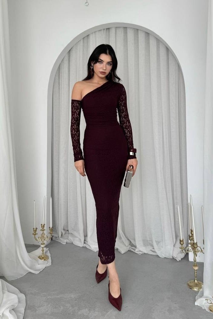 Bees One Shoulder Detailed Dress - Plum