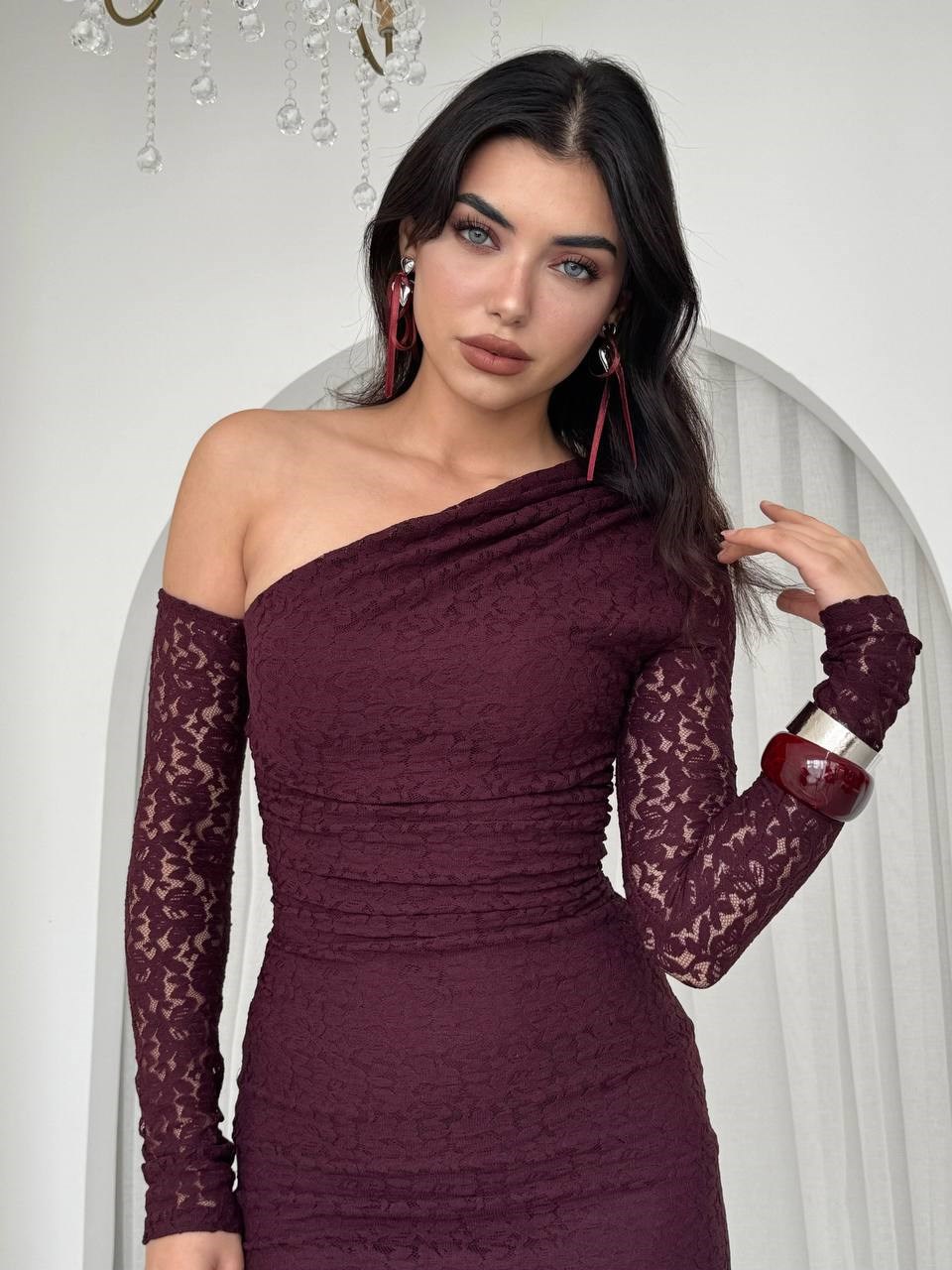Bees One Shoulder Detailed Dress - Plum