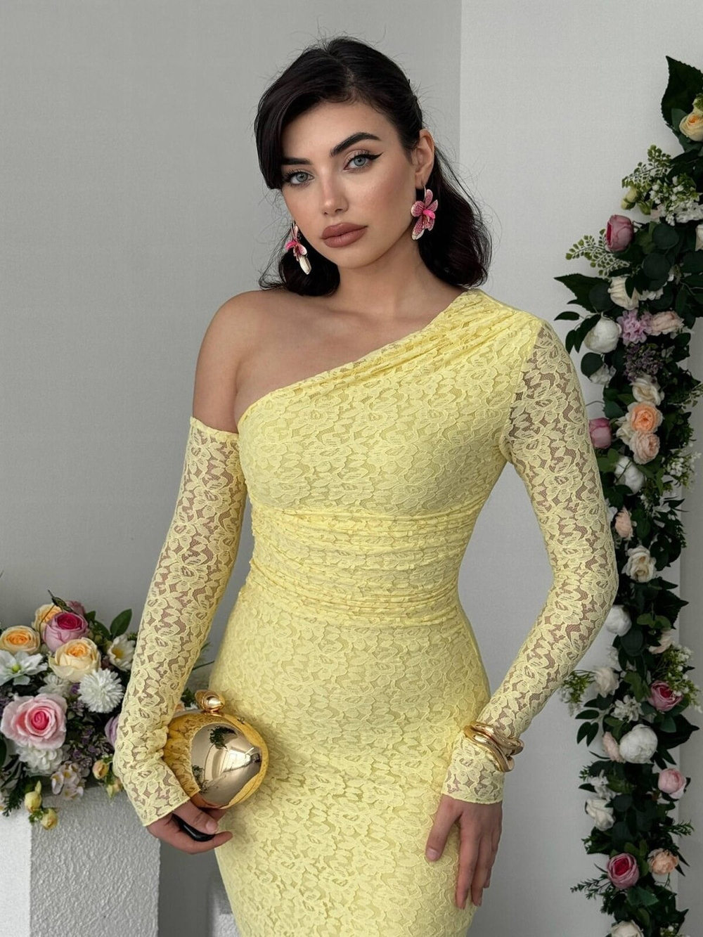 Bees One Shoulder Detailed Dress - Yellow