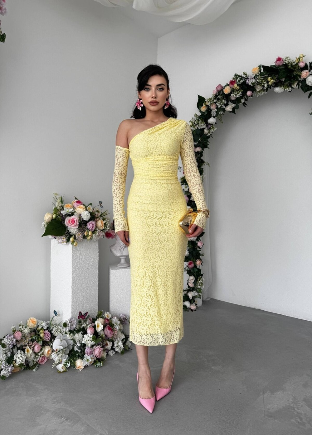 Bees One Shoulder Detailed Dress - Yellow