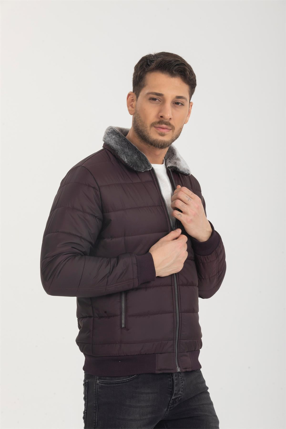 Wholesale Burgundy Fur Collar Puffer Coat