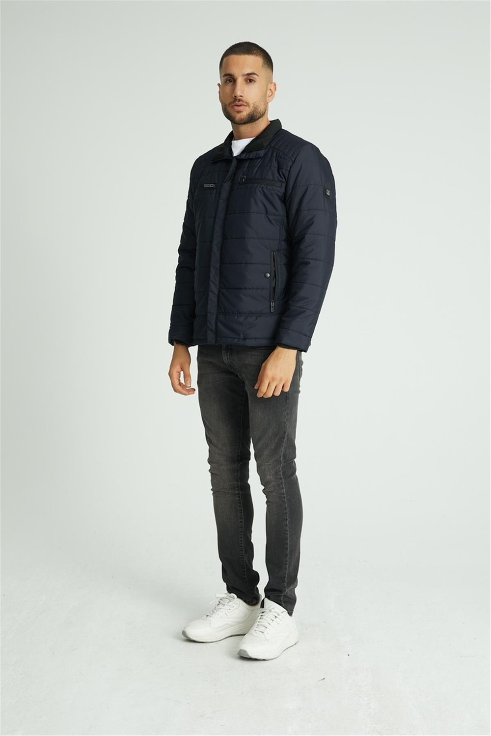 Wholesale Navy Double Zipper Pocket Stand Collar Jacket