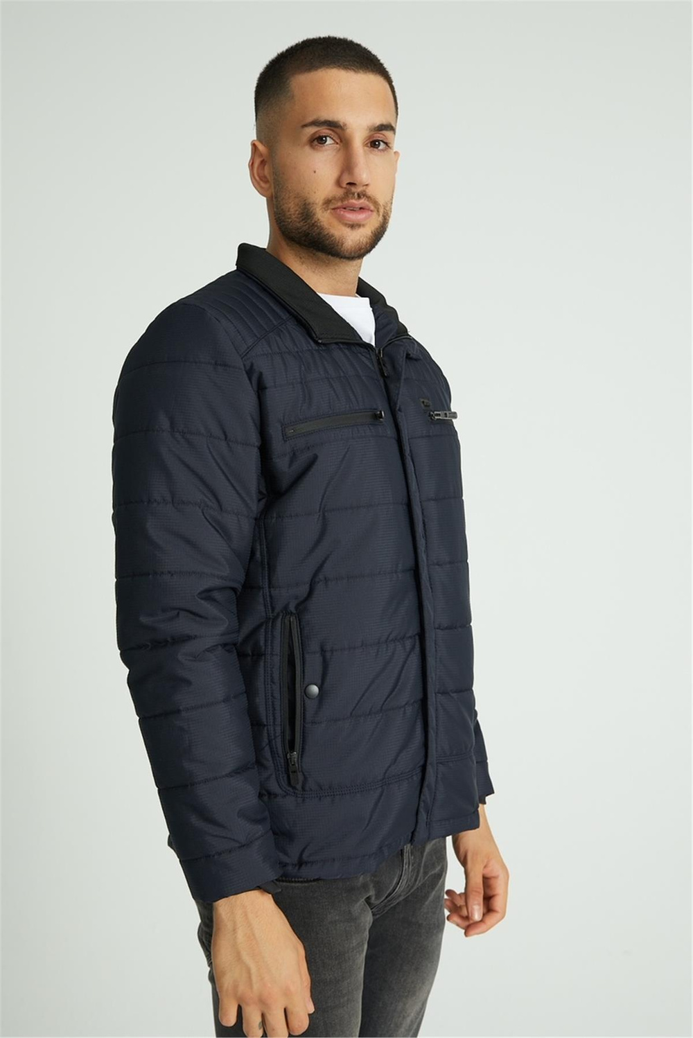 Wholesale Navy Double Zipper Pocket Stand Collar Jacket