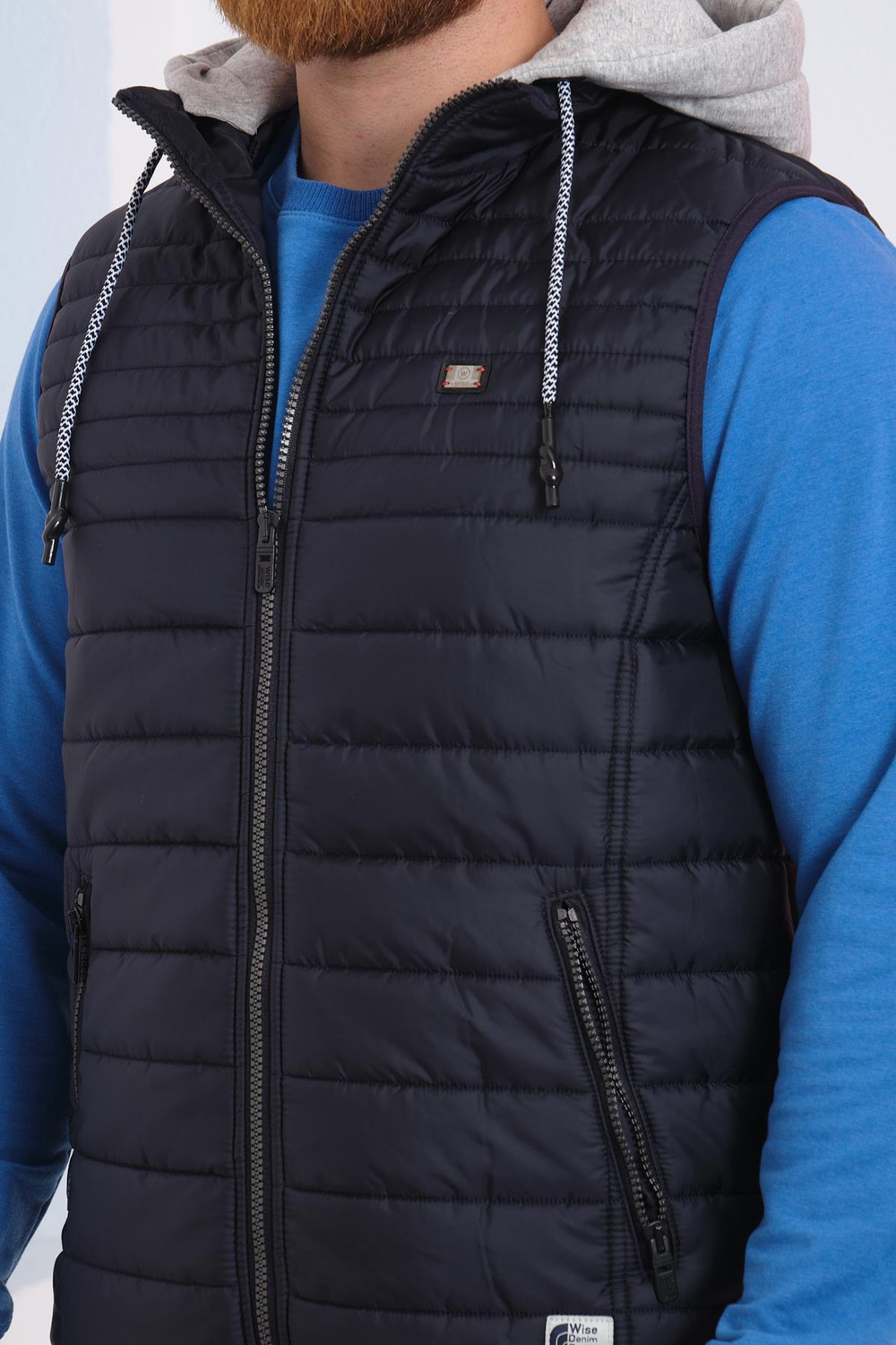 Wholesale Navy Detachable Hood Jersey Lined Puffer Vest