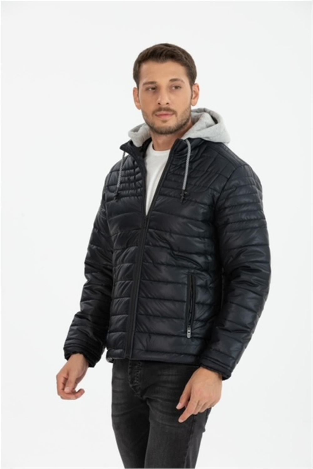 Wholesale Navy Faux Leather Hooded Puffer Jacket