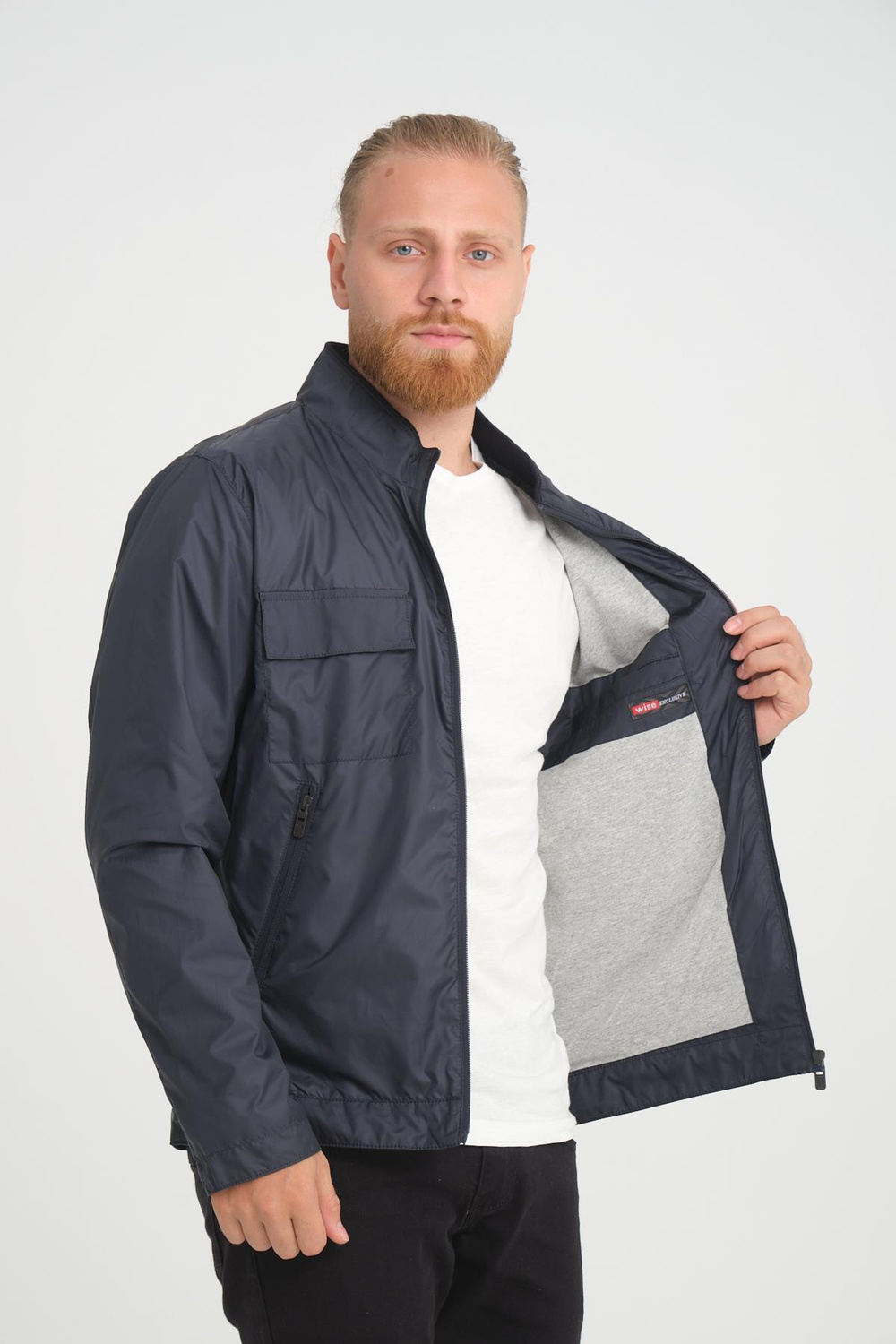 Wholesale Navy Stand Collar Pocketed Jersey Lined Spring Jacket