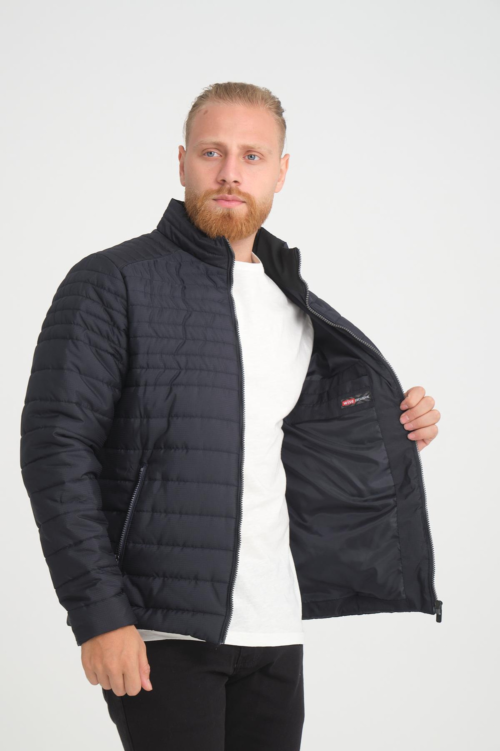 Wholesale Navy Chest Zipper Detail Stand Collar Jacket