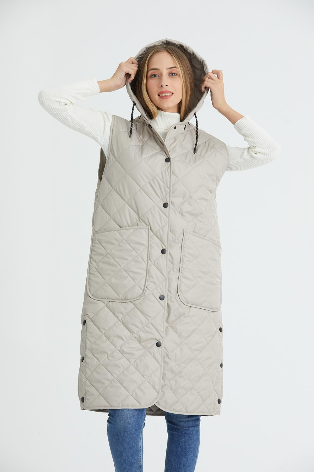 Wholesale Beige Oversized Long Quilted Vest