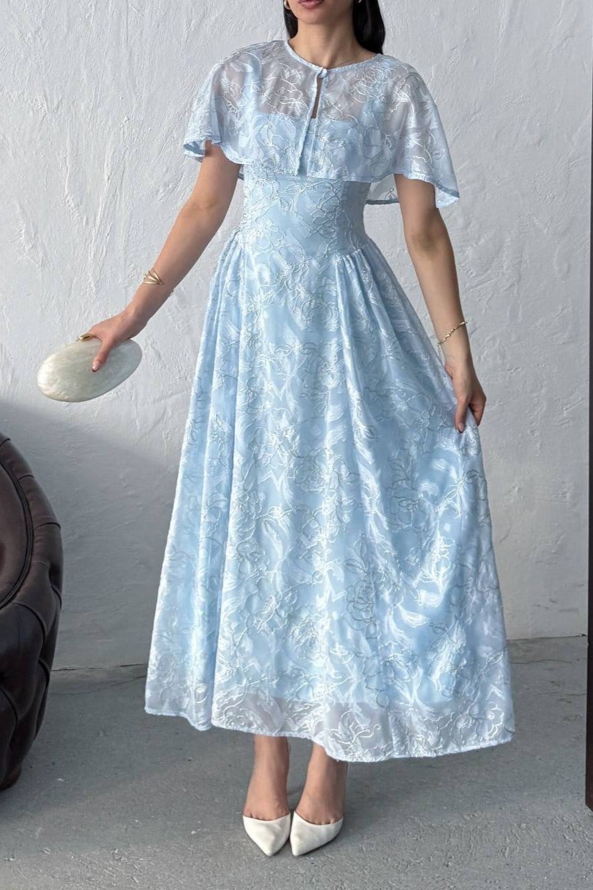 Wholesale Baby Blue Jacquard Organza Dress with Overlay