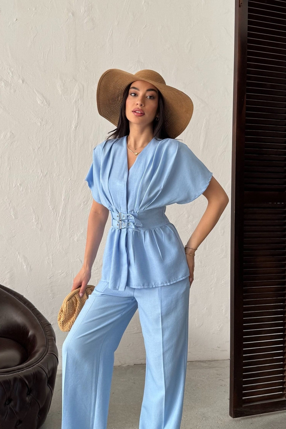 Wholesale Baby Blue Linen Two-Piece Suit
