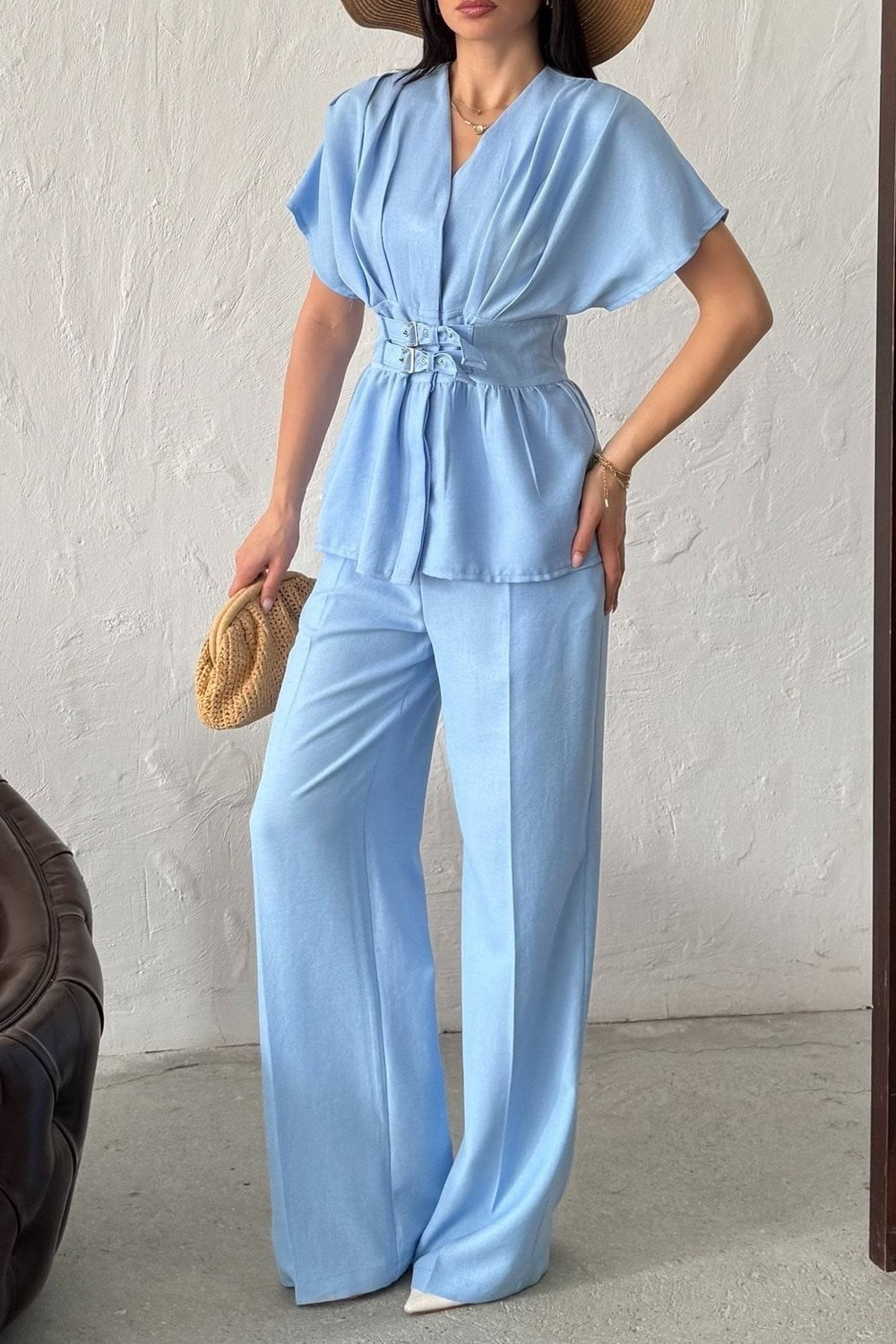 Wholesale Baby Blue Linen Two-Piece Suit