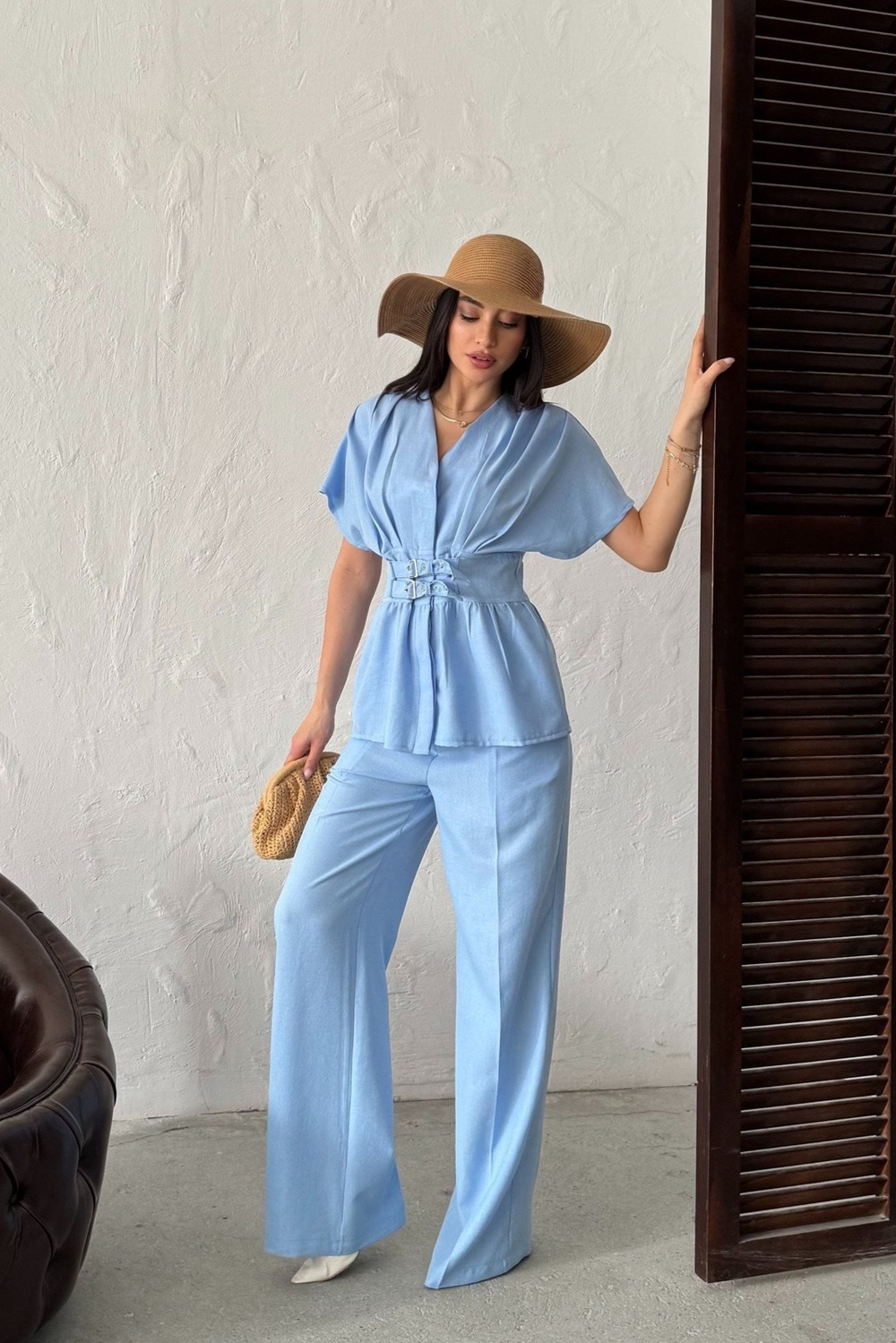 Wholesale Baby Blue Linen Two-Piece Suit