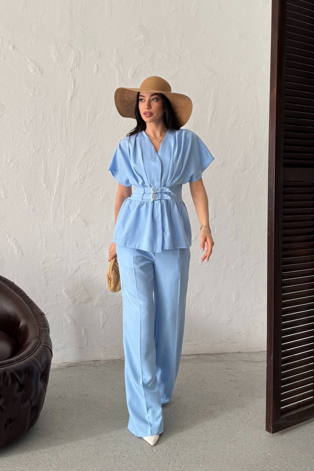 Wholesale Baby Blue Linen Two-Piece Suit