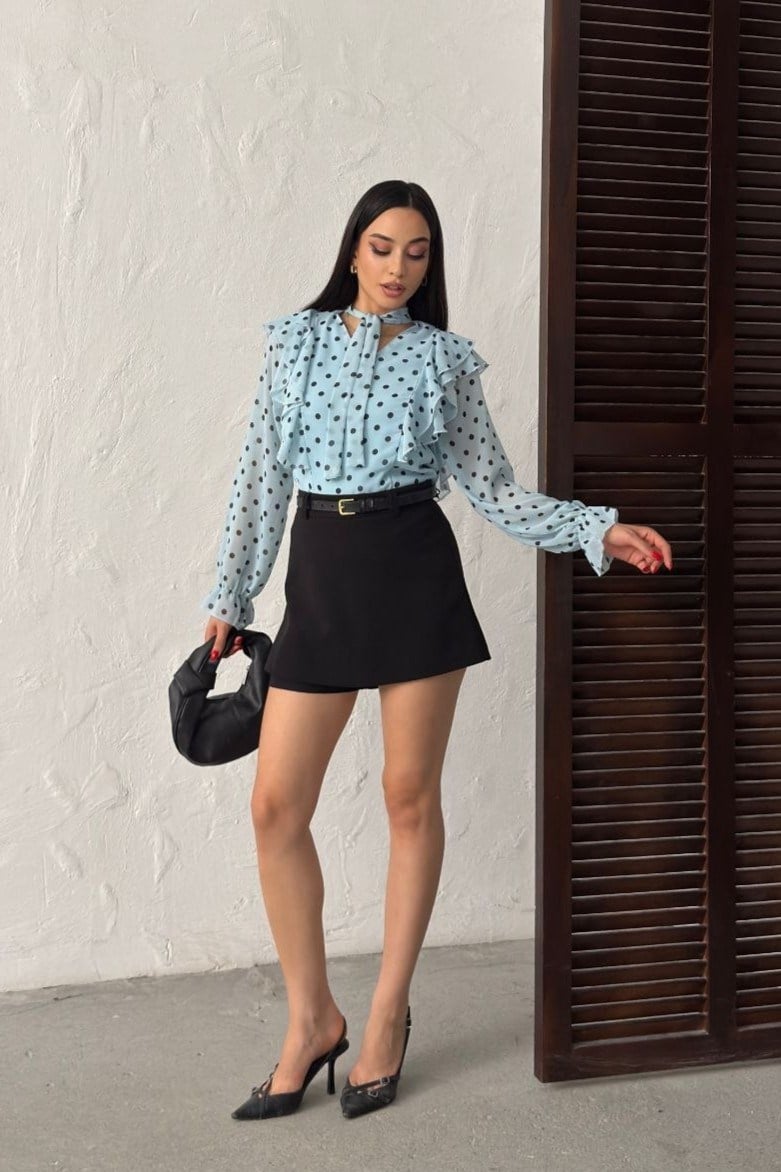 Wholesale Baby Blue Polka Dot Chiffon Blouse